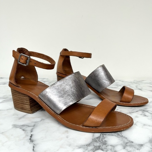Madewell Brown Silver Leather Warren Boardwalk Sandals Block Heel Size 7.5 - Picture 1 of 9